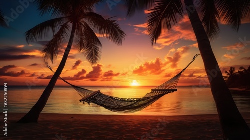 Beach scene with hammock and palm trees at sunset