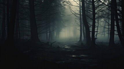 Spooky misty forest on a cold foggy morning