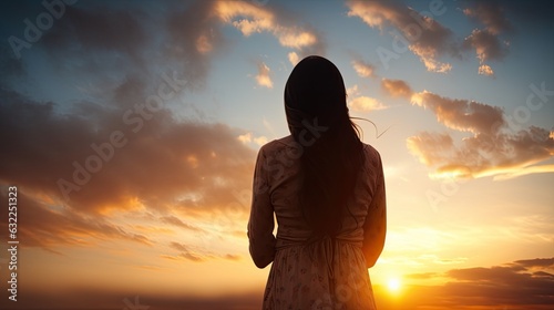 Woman praying against lovely sky backdrop