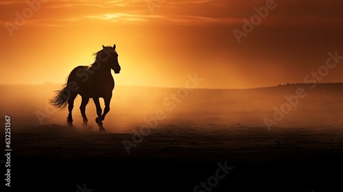 Silhouetted Arabian horse against sunrise in dense fog