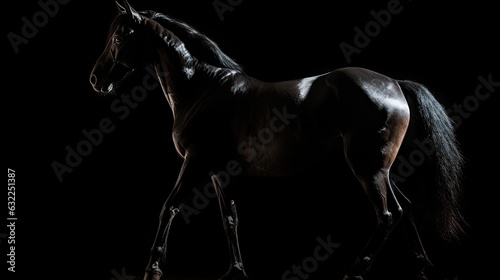 Backlit silhouette of a Spanish horse on black background