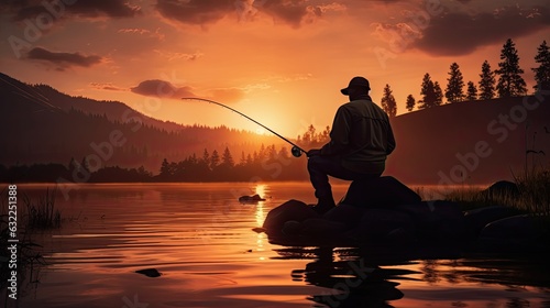 Fisherman s silhouette against setting sun backdrop on river at sunset © HN Works