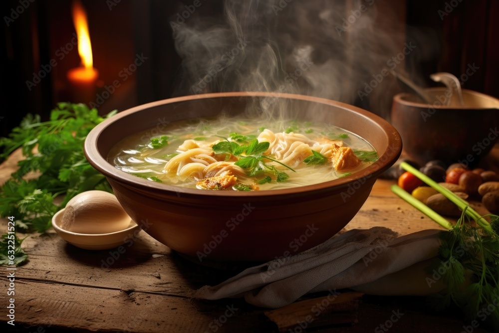 steamy bowl of chicken noodle soup on a wooden table steamy bowl of chicken noodle soup on a wooden table