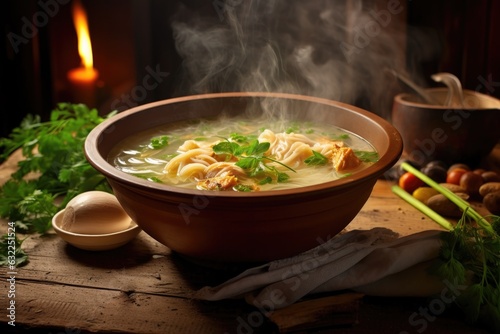 steamy bowl of chicken noodle soup on a wooden table
