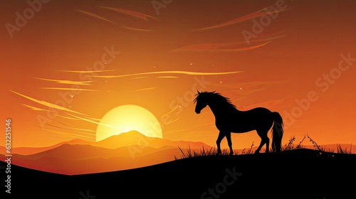 Horse shape on a hill with sunrise and golden sky