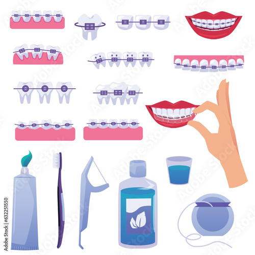 Set of design elements about teeth braces flat style, vector illustration