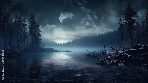 Illustration of a eerie futuristic forest at night with moonlit trees smoky shadows and reflections in water © HN Works