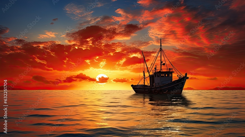 Fototapeta premium Scenic moment small fishing ship at sunset sailing amidst clouds
