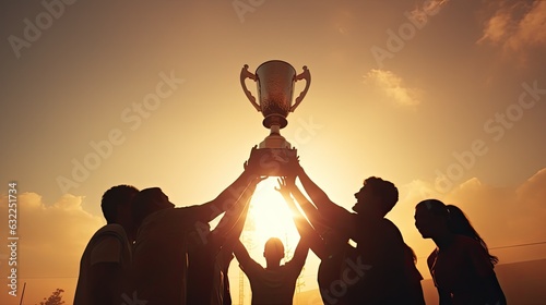 Victorious team triumphs under sunset with trophy and numerous silhouetted hands