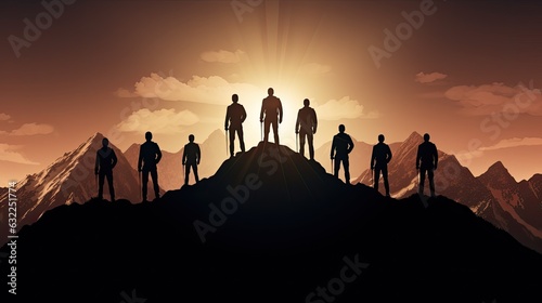 Team silhouette on mountain symbolizes leadership