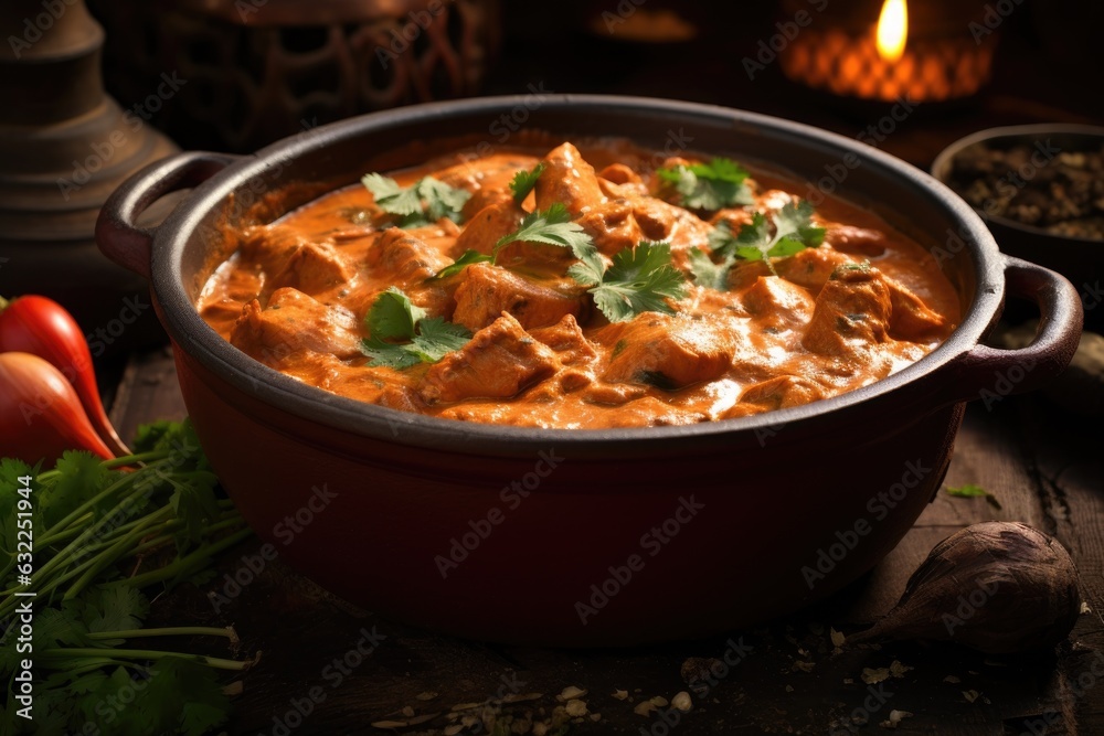 close-up of chicken tikka masala in a clay pot