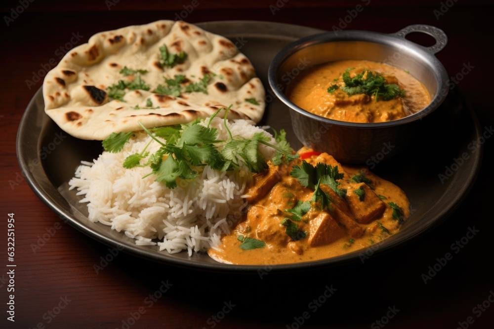 naan bread and rice served alongside tikka masala naan bread and rice served alongside tikka masala