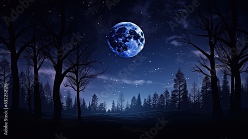 Moon shining above dark forest silhouette serene outdoor night scene