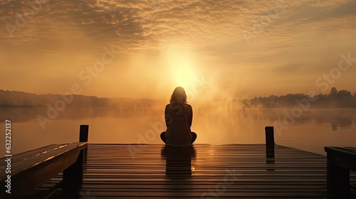 Lonely woman on pier at sunset with space Rising sun over foggy lake Independence