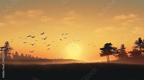 World environment day symbol Birds flying at dawn over autumn landscape