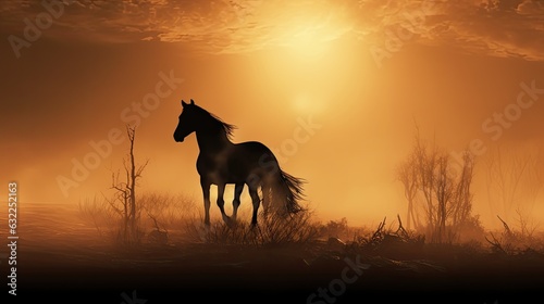 Sepia toned foggy sunrise with horse silhouette