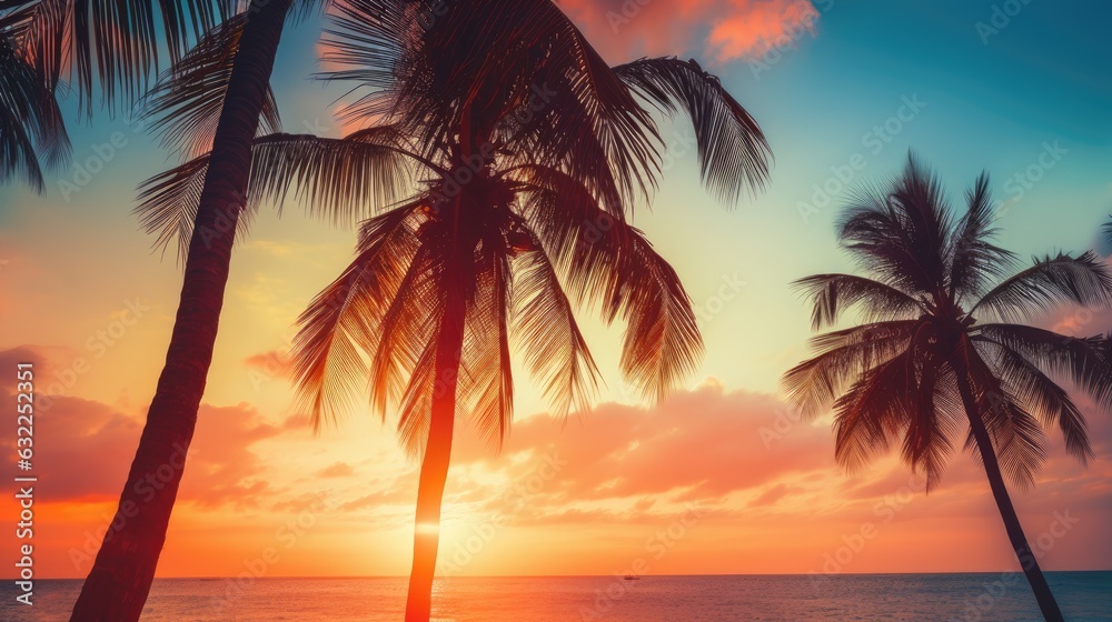 Palm tree silhouettes at sunset on a tropical beach with vintage bokeh effect