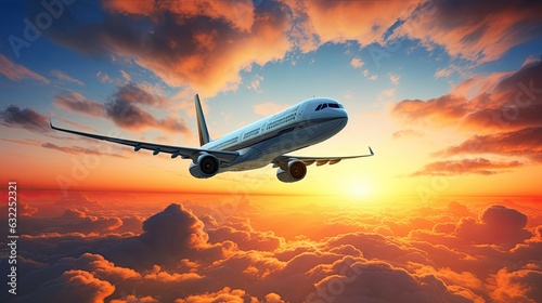Commercial airplane jetliner flying above dramatic clouds in beautiful sunset light Travel concept