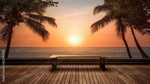 Wooden table on the beach with sea view during sunset or sunrise silhouette of tropical tree on terrace idyllic seashore