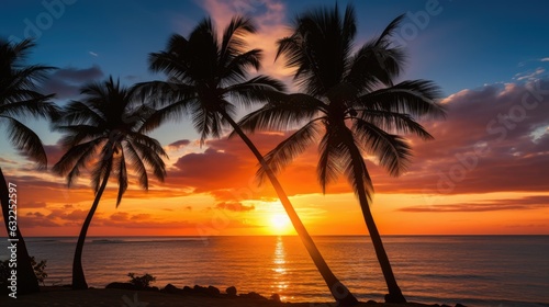 Palm trees silhouette against a stunning background of a tropical sunset beach © HN Works