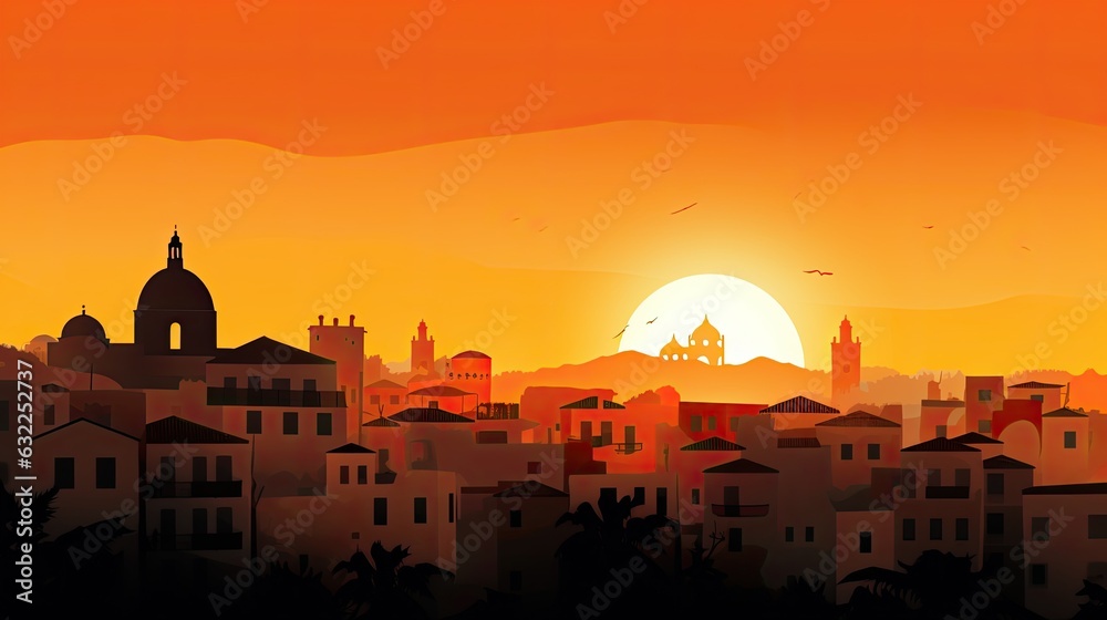 Spanish style houses and rooftops outlined by a vibrant orange sunset sky