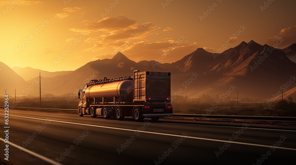 Tank truck driving on road with sun and mountains in background creating backlight