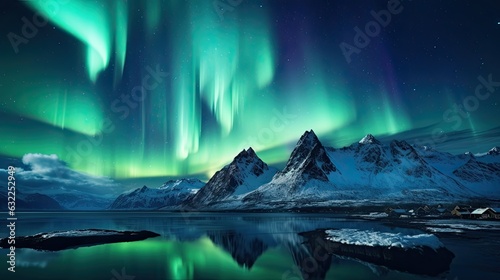 Breathtaking Aurora borealis lights shine over Lofoten s scenic Norwegian mountains © HN Works