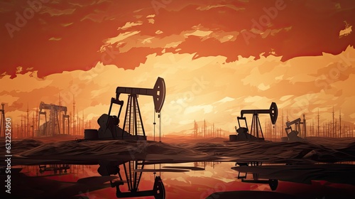 War induced fluctuation in oil prices Concept of capping oil prices Drilling rigs in desert oilfield Extracting crude oil from the earth Production of petroleum