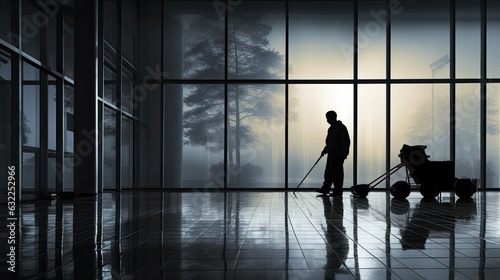 Janitor with cart walking through frosted glass breezeway silhouette