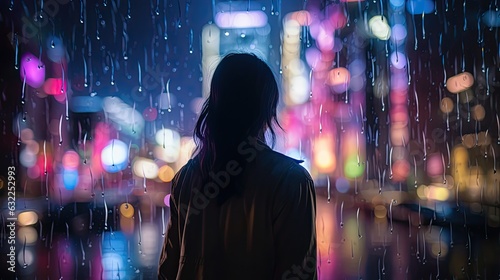 Raindrops on a blurred glass window with a silhouetted girl on a city street at night surrounded by colorful neon city lights