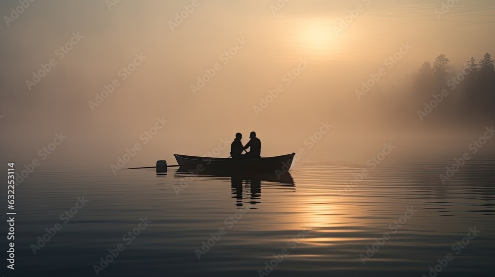 Two fishermen in a small boat on a calm lake obscured by morning fog