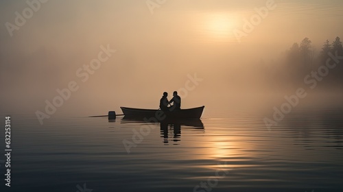 Two fishermen in a small boat on a calm lake obscured by morning fog