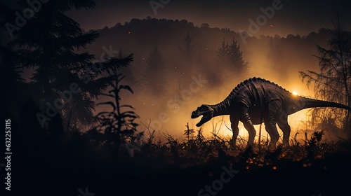 Creative decoration with burning misty background featuring the silhouette of a giant dinosaur in the foggy night with selective focus on little miniature