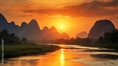 Sunrise in Krabi Thailand with river and mountain backdrop © HN Works