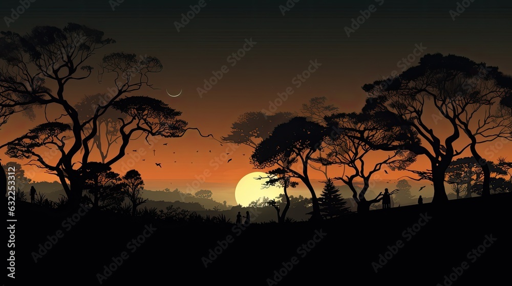 Nighttime landscape with dark tree outlines