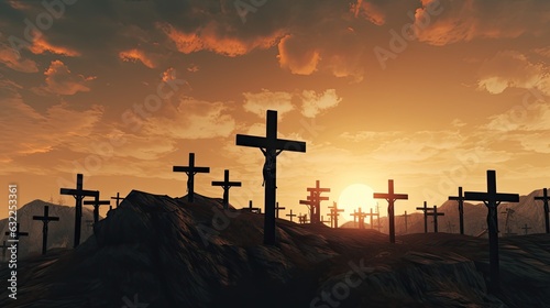 Crosses on hill at sunset symbolizing Jesus crucifixion