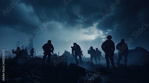 Tableau sur toile Selective focus on ruined city skyline at night soldiers silhouettes below foggy