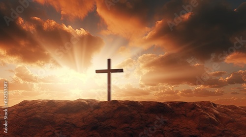 Empty cross of Jesus Christ over dramatic sunrise sky panorama with clouds on Easter