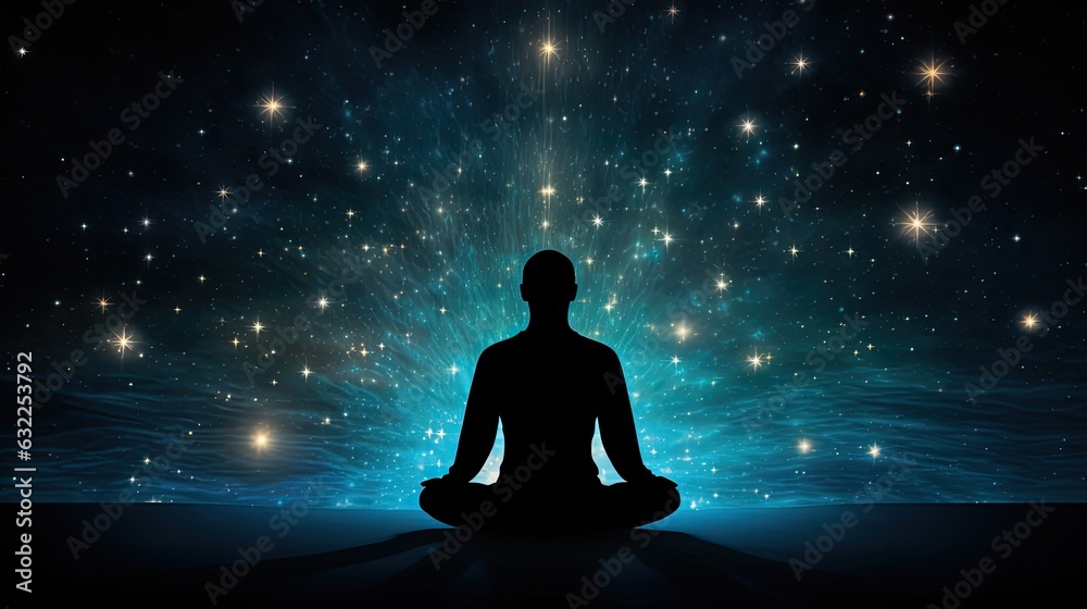 Figure of person seated against starry backdrop Mindfulness within yogic practice Mental wellbeing and tranquility