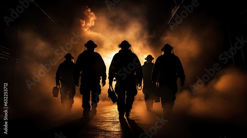 Firefighters with flashlights on their chests walking away from smoke