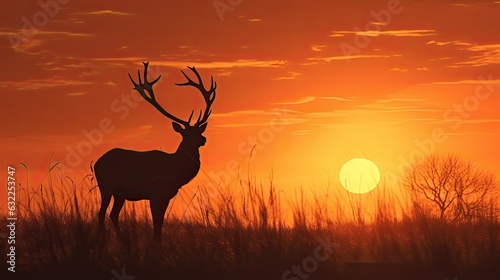 Red Deer stag silhouette at UK sunrise during rutting season