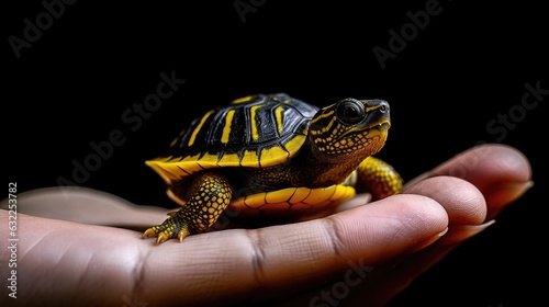 Palangka Raya Indonesia 04 May 2021 The tiny Amboina Box Turtle a Southeast Asian species has a small size resembling three fingers with a striking dark black hue and vibra photo