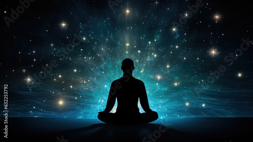 Figure of person seated against starry backdrop Mindfulness within yogic practice Mental wellbeing and tranquility © HN Works