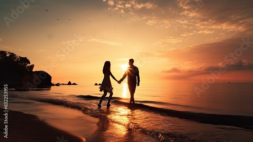 Couple s silhouette at sunrise holding hands on shore displaying love and romance © HN Works
