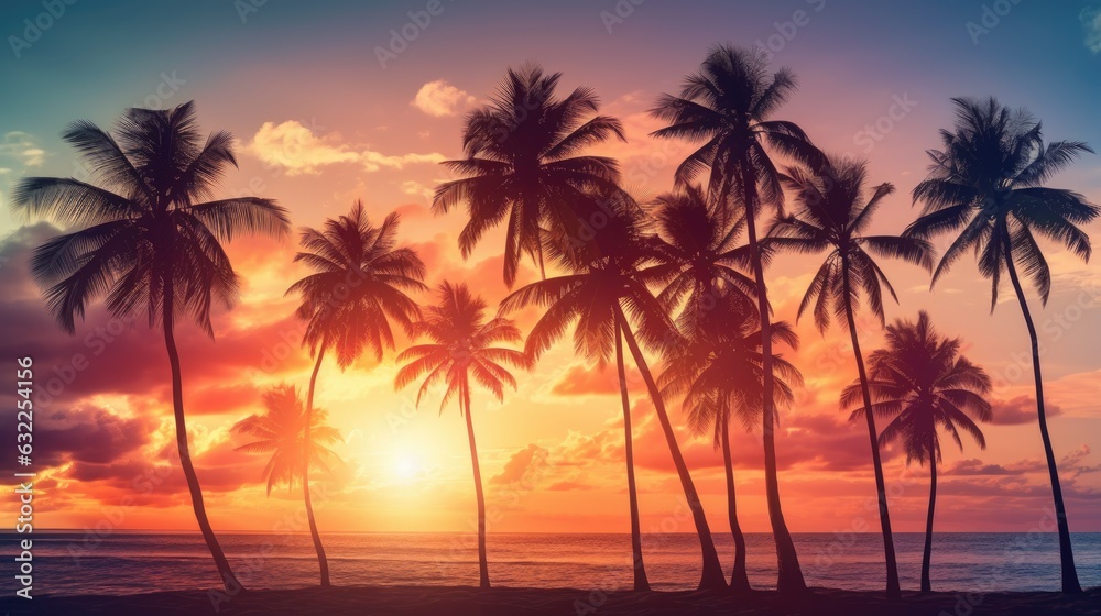 Palm tree silhouettes at sunset on a tropical beach with vintage bokeh effect