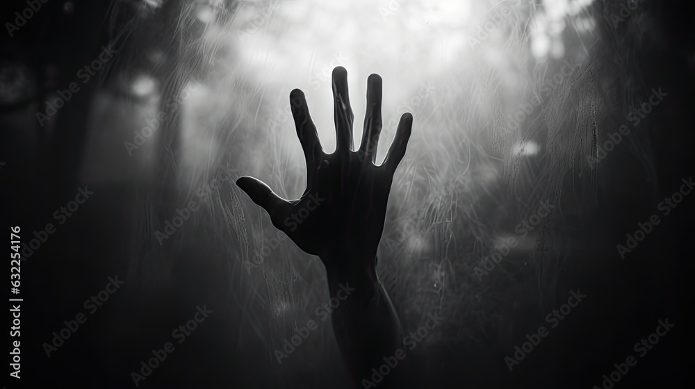 Halloween concept Black and white hand silhouette behind frosted glass