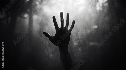 Halloween concept Black and white hand silhouette behind frosted glass