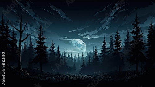 Halloween forest with spruce trees under a mysterious full moon