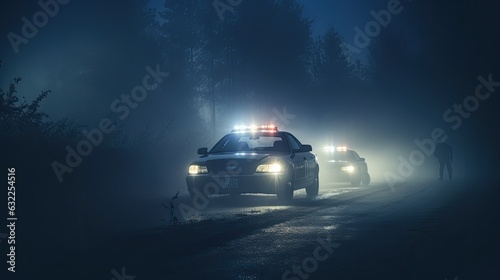 Police cars driving at night chasing a car in fog 911 police car rushing to crime scene © HN Works