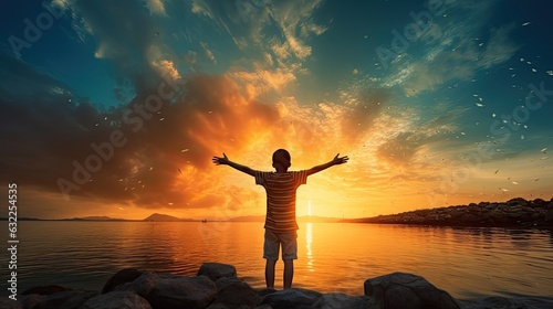 Boy s silhouette in sunset over sea representing religion worship prayer and praise